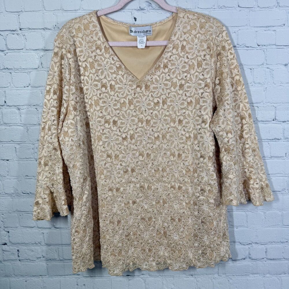 Dressbarn Beige Floral Lace Blouse Women Plus 3X Beaded Bell Sleeve Elegant Top